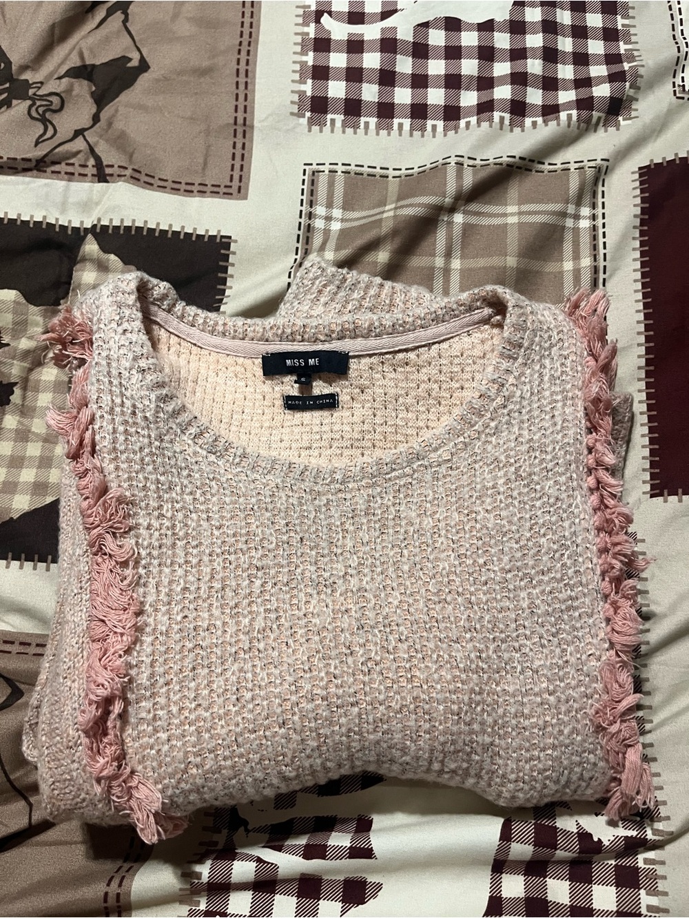 Miss Me Blush Pink Fringe Crew Neck Sweater